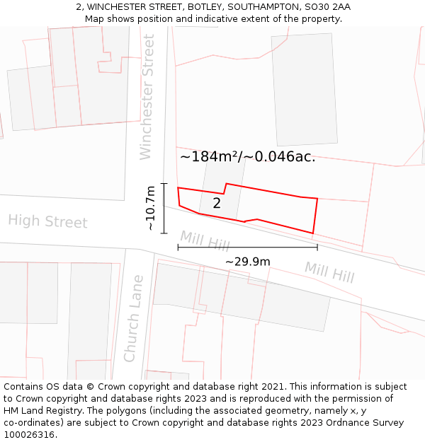 2, WINCHESTER STREET, BOTLEY, SOUTHAMPTON, SO30 2AA: Plot and title map