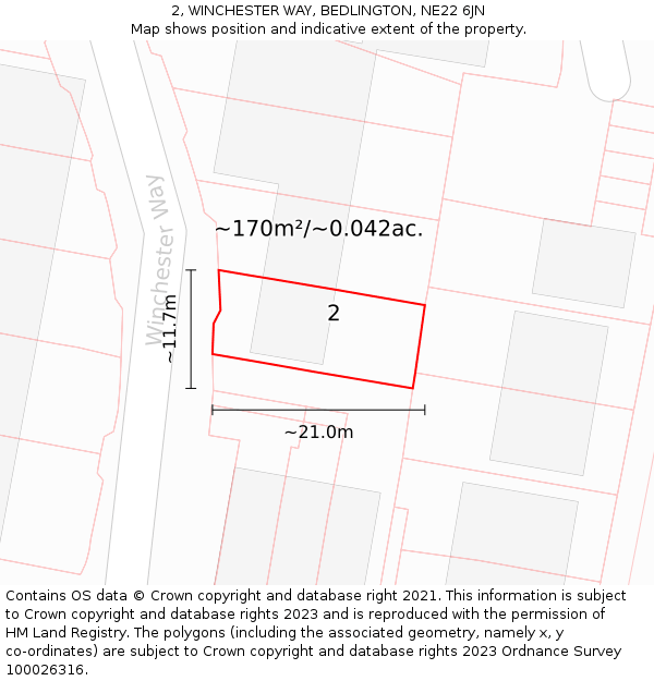 2, WINCHESTER WAY, BEDLINGTON, NE22 6JN: Plot and title map