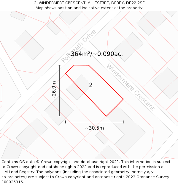 2, WINDERMERE CRESCENT, ALLESTREE, DERBY, DE22 2SE: Plot and title map