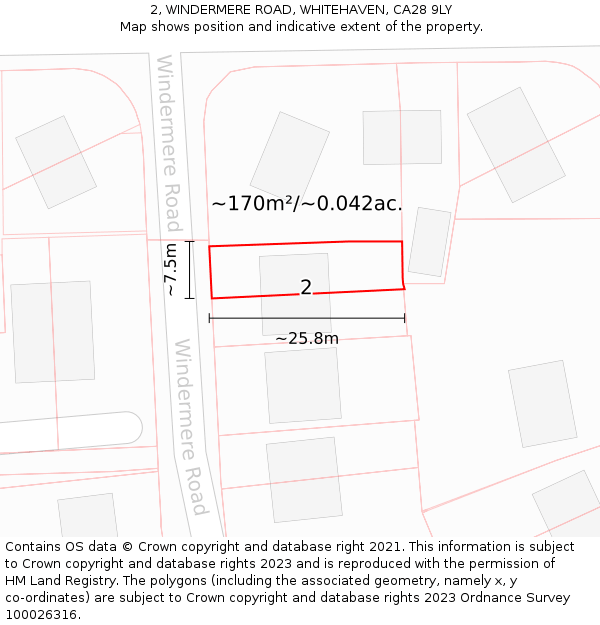 2, WINDERMERE ROAD, WHITEHAVEN, CA28 9LY: Plot and title map