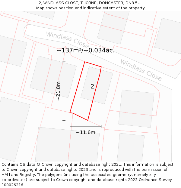 2, WINDLASS CLOSE, THORNE, DONCASTER, DN8 5UL: Plot and title map