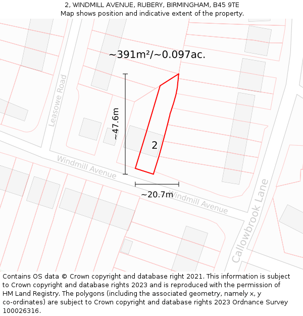 2, WINDMILL AVENUE, RUBERY, BIRMINGHAM, B45 9TE: Plot and title map