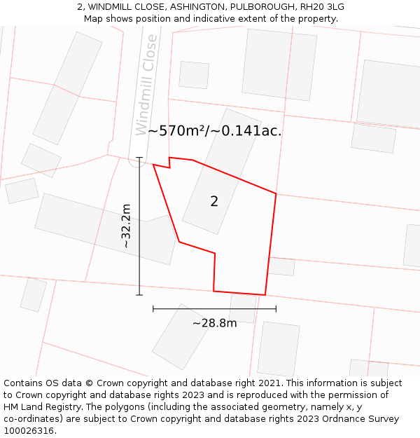 2, WINDMILL CLOSE, ASHINGTON, PULBOROUGH, RH20 3LG: Plot and title map