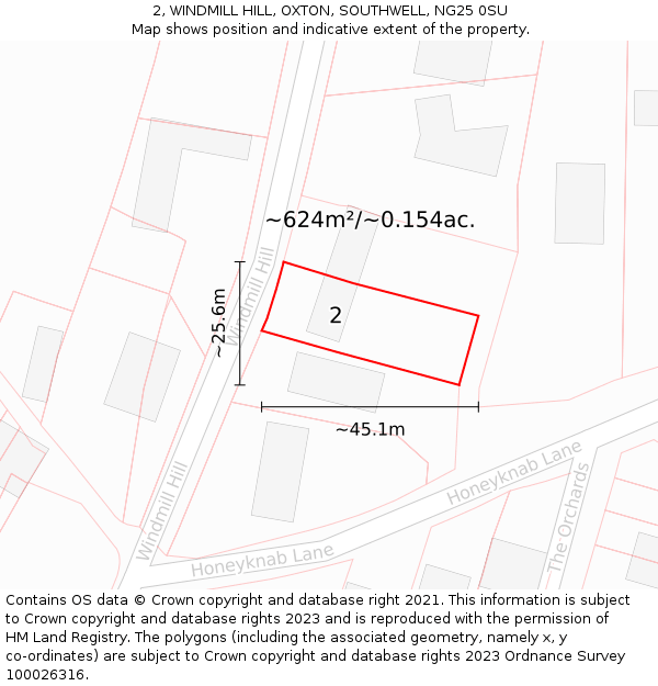 2, WINDMILL HILL, OXTON, SOUTHWELL, NG25 0SU: Plot and title map