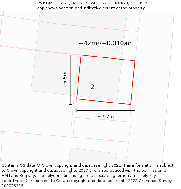 2, WINDMILL LANE, RAUNDS, WELLINGBOROUGH, NN9 6LA: Plot and title map