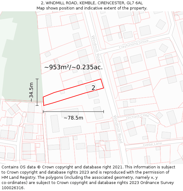 2, WINDMILL ROAD, KEMBLE, CIRENCESTER, GL7 6AL: Plot and title map