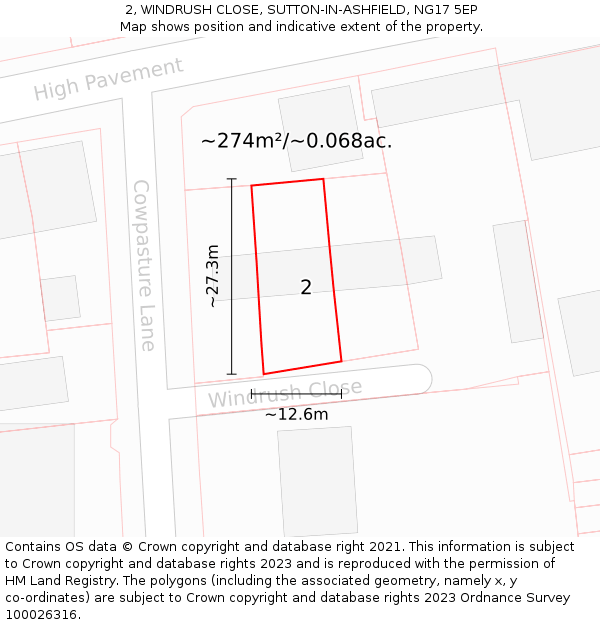 2, WINDRUSH CLOSE, SUTTON-IN-ASHFIELD, NG17 5EP: Plot and title map