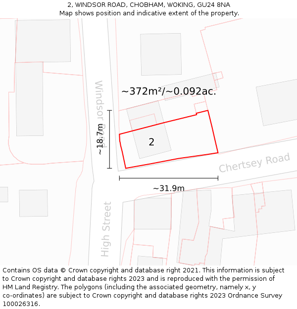 2, WINDSOR ROAD, CHOBHAM, WOKING, GU24 8NA: Plot and title map