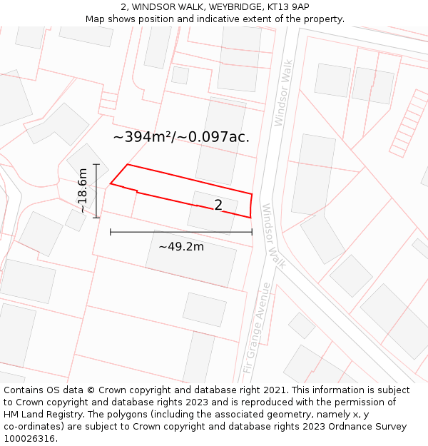 2, WINDSOR WALK, WEYBRIDGE, KT13 9AP: Plot and title map