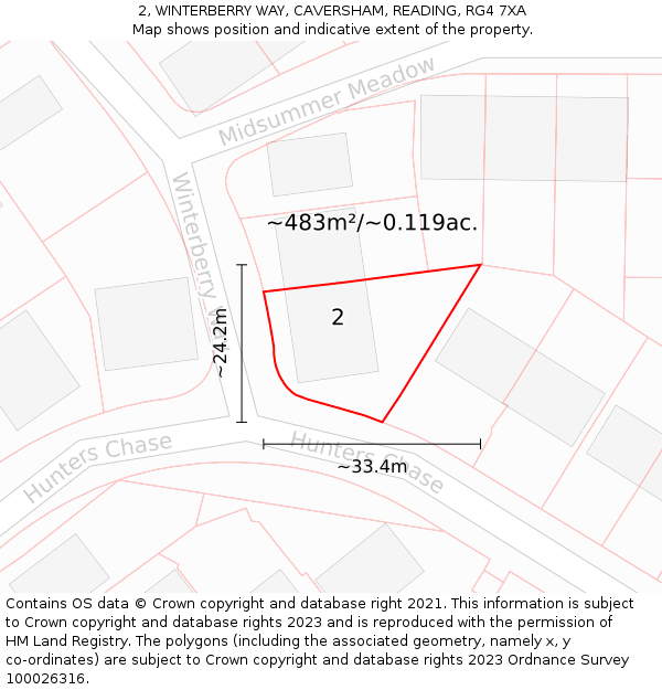 2, WINTERBERRY WAY, CAVERSHAM, READING, RG4 7XA: Plot and title map