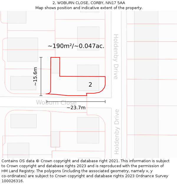 2, WOBURN CLOSE, CORBY, NN17 5AA: Plot and title map
