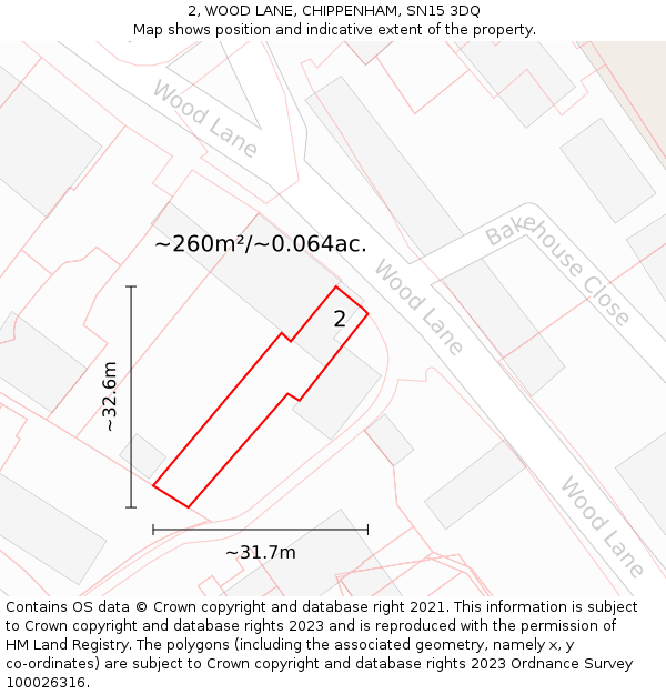 2, WOOD LANE, CHIPPENHAM, SN15 3DQ: Plot and title map