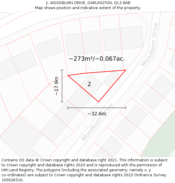 2, WOODBURN DRIVE, DARLINGTON, DL3 8AB: Plot and title map