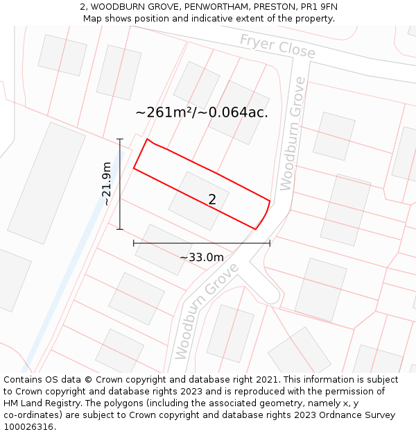 2, WOODBURN GROVE, PENWORTHAM, PRESTON, PR1 9FN: Plot and title map