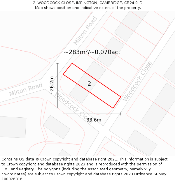 2, WOODCOCK CLOSE, IMPINGTON, CAMBRIDGE, CB24 9LD: Plot and title map