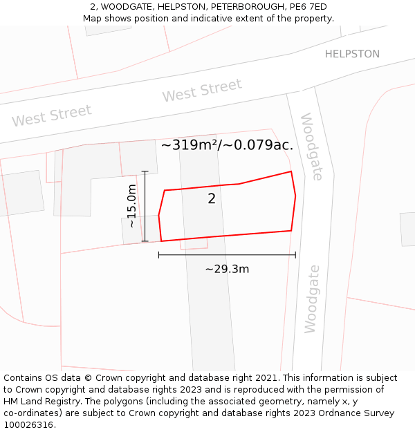 2, WOODGATE, HELPSTON, PETERBOROUGH, PE6 7ED: Plot and title map