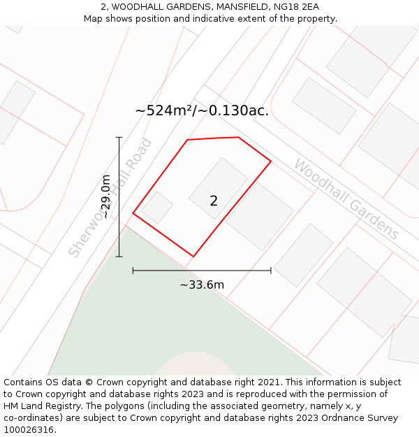 2, WOODHALL GARDENS, MANSFIELD, NG18 2EA: Plot and title map