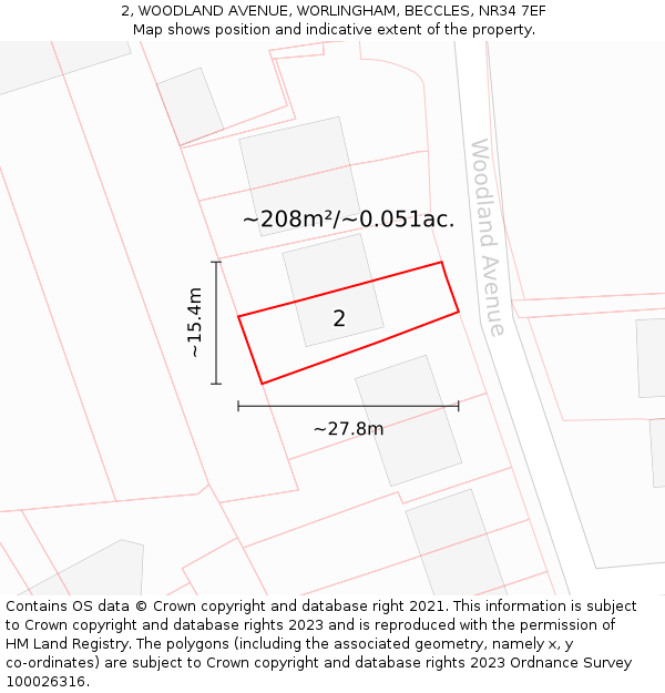 2, WOODLAND AVENUE, WORLINGHAM, BECCLES, NR34 7EF: Plot and title map