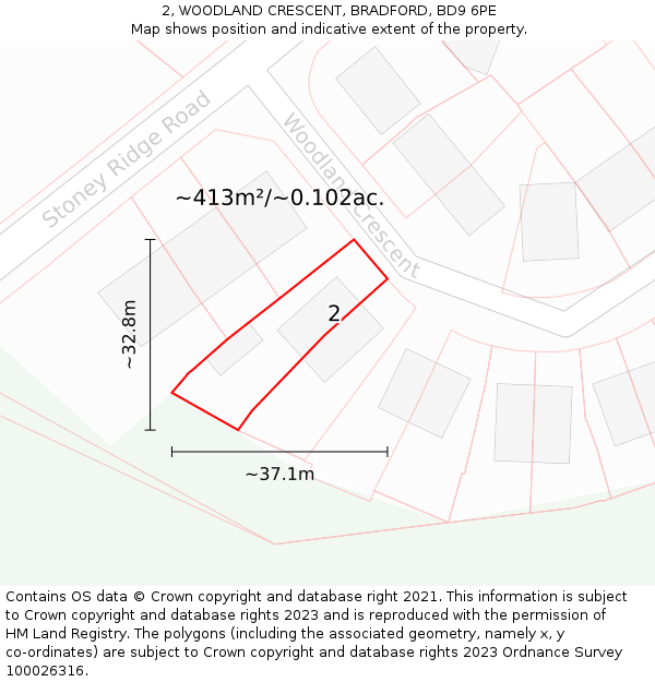 2, WOODLAND CRESCENT, BRADFORD, BD9 6PE: Plot and title map
