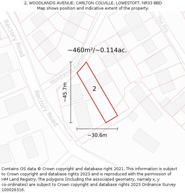 2, WOODLANDS AVENUE, CARLTON COLVILLE, LOWESTOFT, NR33 8BD: Plot and title map