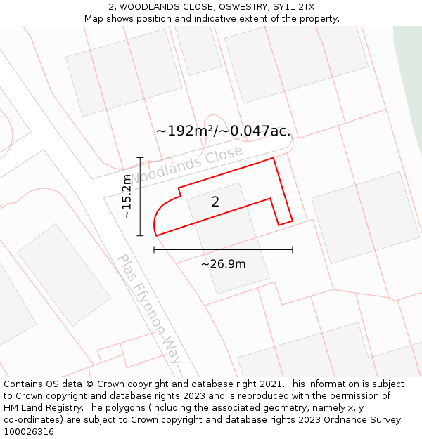 2, WOODLANDS CLOSE, OSWESTRY, SY11 2TX: Plot and title map