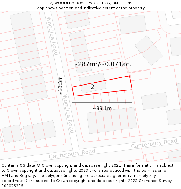 2, WOODLEA ROAD, WORTHING, BN13 1BN: Plot and title map