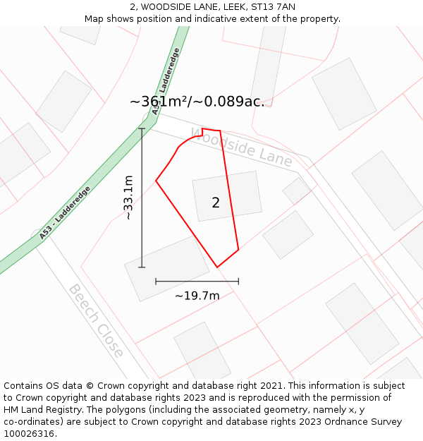 2, WOODSIDE LANE, LEEK, ST13 7AN: Plot and title map