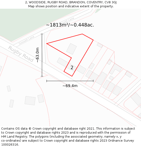 2, WOODSIDE, RUGBY ROAD, BRANDON, COVENTRY, CV8 3GJ: Plot and title map