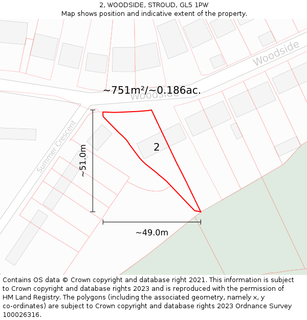 2, WOODSIDE, STROUD, GL5 1PW: Plot and title map