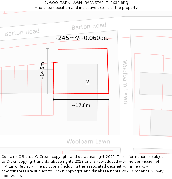 2, WOOLBARN LAWN, BARNSTAPLE, EX32 8PQ: Plot and title map