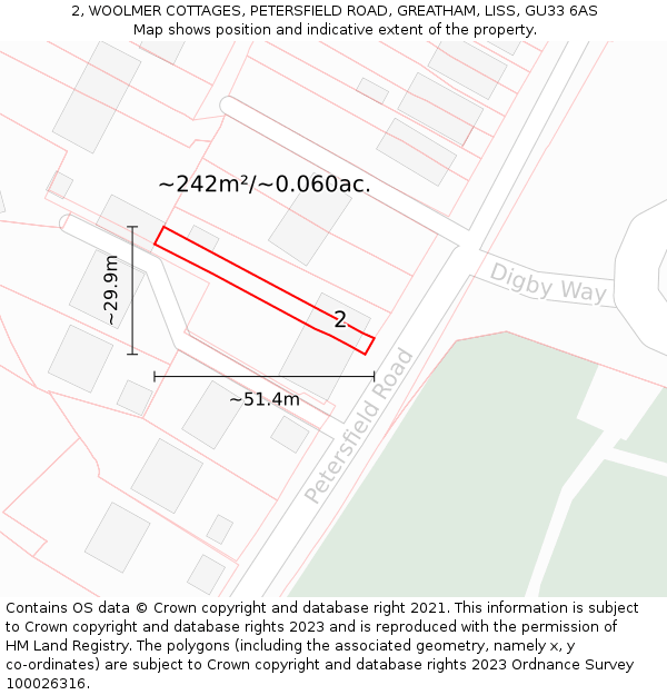 2, WOOLMER COTTAGES, PETERSFIELD ROAD, GREATHAM, LISS, GU33 6AS: Plot and title map