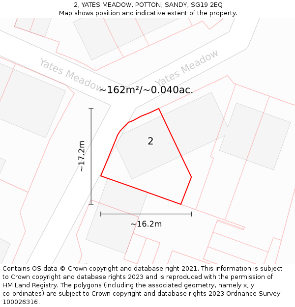 2, YATES MEADOW, POTTON, SANDY, SG19 2EQ: Plot and title map