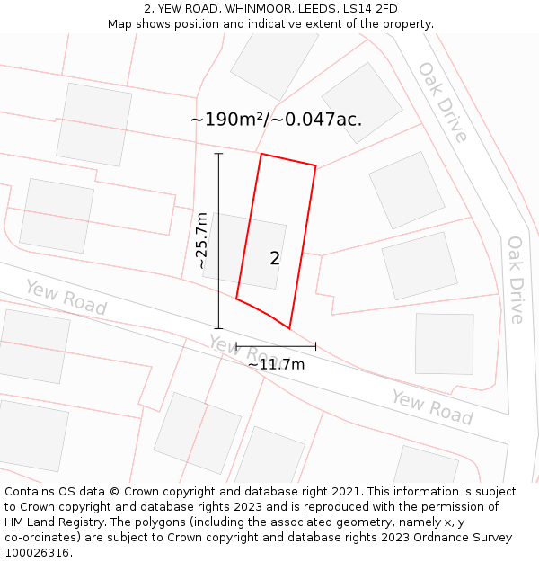2, YEW ROAD, WHINMOOR, LEEDS, LS14 2FD: Plot and title map
