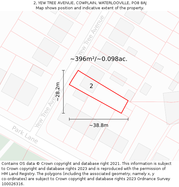 2, YEW TREE AVENUE, COWPLAIN, WATERLOOVILLE, PO8 8AJ: Plot and title map