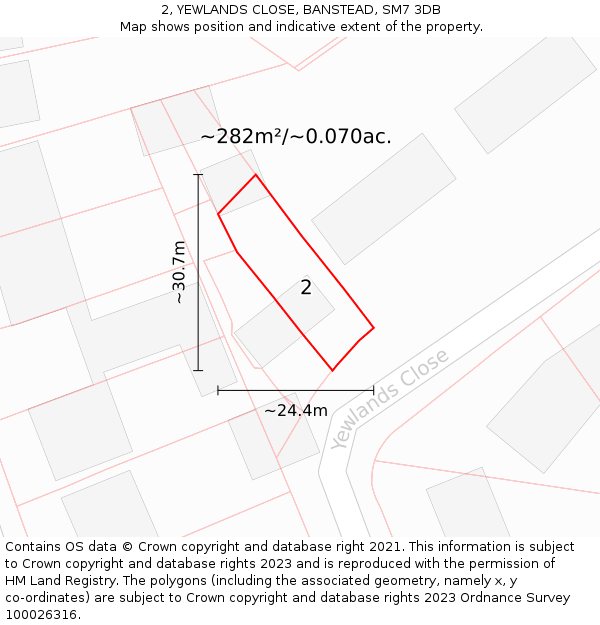 2, YEWLANDS CLOSE, BANSTEAD, SM7 3DB: Plot and title map