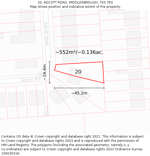 20, ADCOTT ROAD, MIDDLESBROUGH, TS5 7ES: Plot and title map