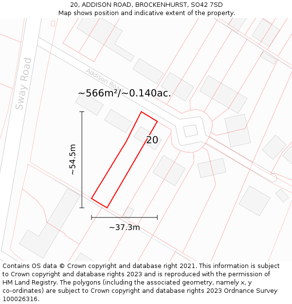 20, ADDISON ROAD, BROCKENHURST, SO42 7SD: Plot and title map