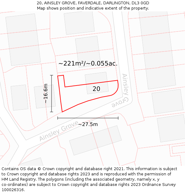 20, AINSLEY GROVE, FAVERDALE, DARLINGTON, DL3 0GD: Plot and title map
