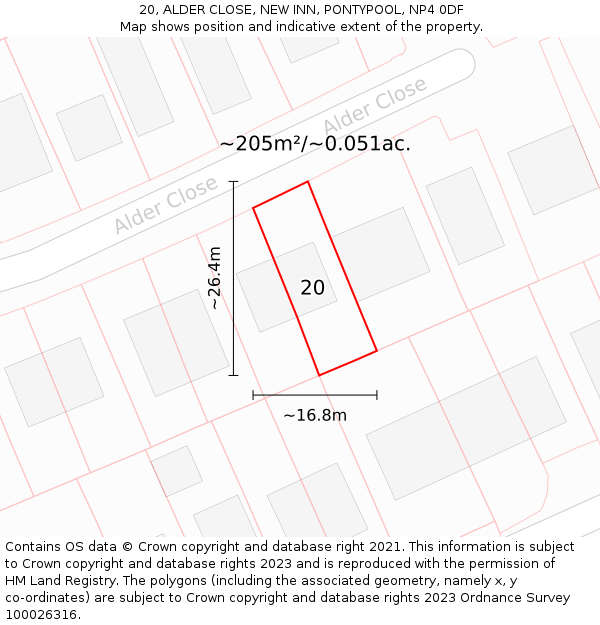20, ALDER CLOSE, NEW INN, PONTYPOOL, NP4 0DF: Plot and title map