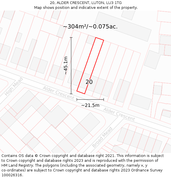 20, ALDER CRESCENT, LUTON, LU3 1TG: Plot and title map