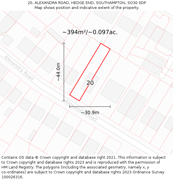 20, ALEXANDRA ROAD, HEDGE END, SOUTHAMPTON, SO30 0DP: Plot and title map