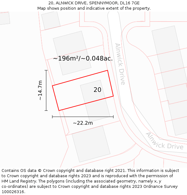 20, ALNWICK DRIVE, SPENNYMOOR, DL16 7GE: Plot and title map