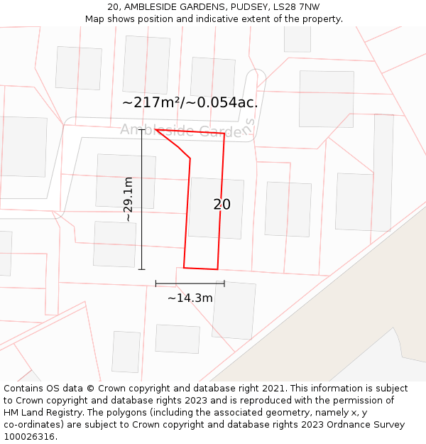 20, AMBLESIDE GARDENS, PUDSEY, LS28 7NW: Plot and title map
