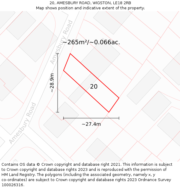 20, AMESBURY ROAD, WIGSTON, LE18 2RB: Plot and title map