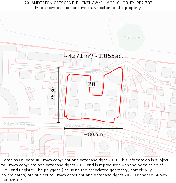 20, ANDERTON CRESCENT, BUCKSHAW VILLAGE, CHORLEY, PR7 7BB: Plot and title map