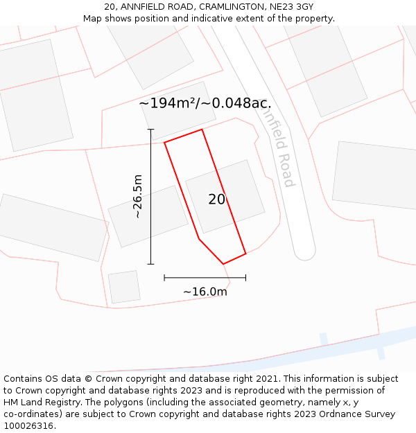 20, ANNFIELD ROAD, CRAMLINGTON, NE23 3GY: Plot and title map
