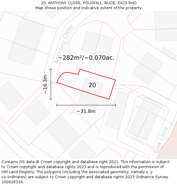 20, ANTHONY CLOSE, POUGHILL, BUDE, EX23 9HD: Plot and title map