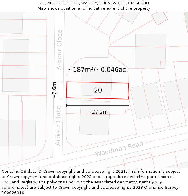 20, ARBOUR CLOSE, WARLEY, BRENTWOOD, CM14 5BB: Plot and title map