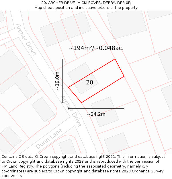 20, ARCHER DRIVE, MICKLEOVER, DERBY, DE3 0BJ: Plot and title map