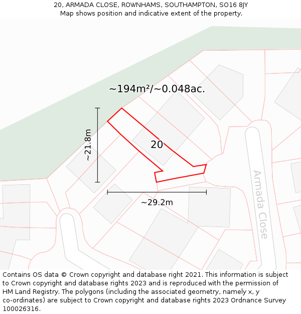 20, ARMADA CLOSE, ROWNHAMS, SOUTHAMPTON, SO16 8JY: Plot and title map